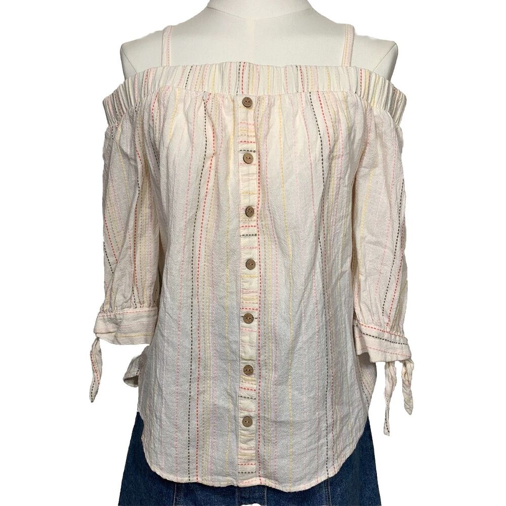 IZ Byer Off The Shoulder Blouse Womens Small Cream Striped Boho Button Front Top